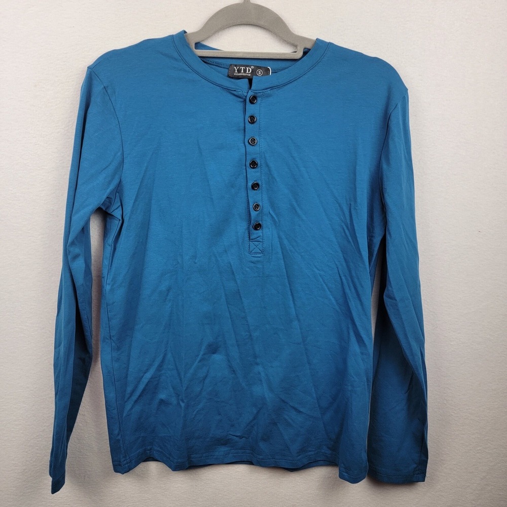 YTD Exclusive Men's Long Sleeve Tee Henley Blue Buttons Size Small